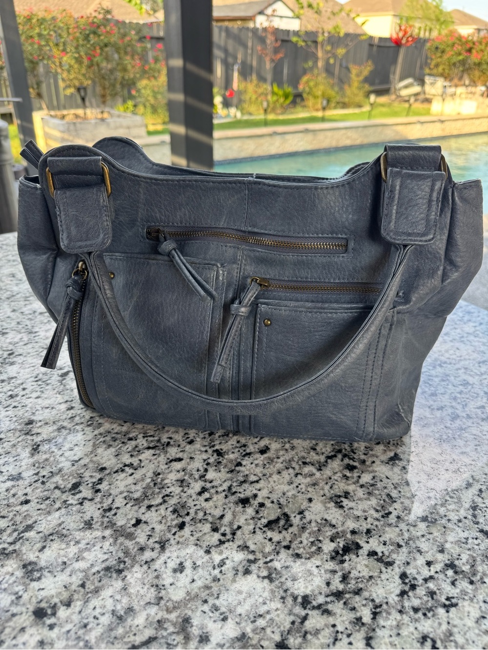 Everyday Slate Shoulder Bag with Front Zip Pockets